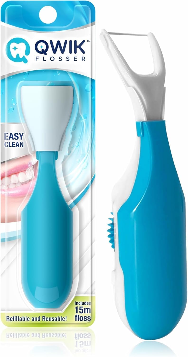 Front view of QWIK Automatic Dental Flosser in light blue