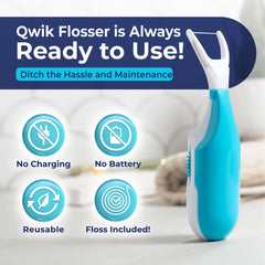 Side view highlighting ergonomic handle of QWIK flosser in blue