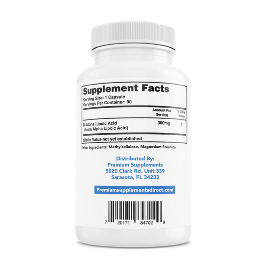 Close-up of R-Alpha Lipoic Acid 300mg capsules