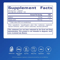 Close-up of the R-Lipoic Acid Stabilized bottle label
