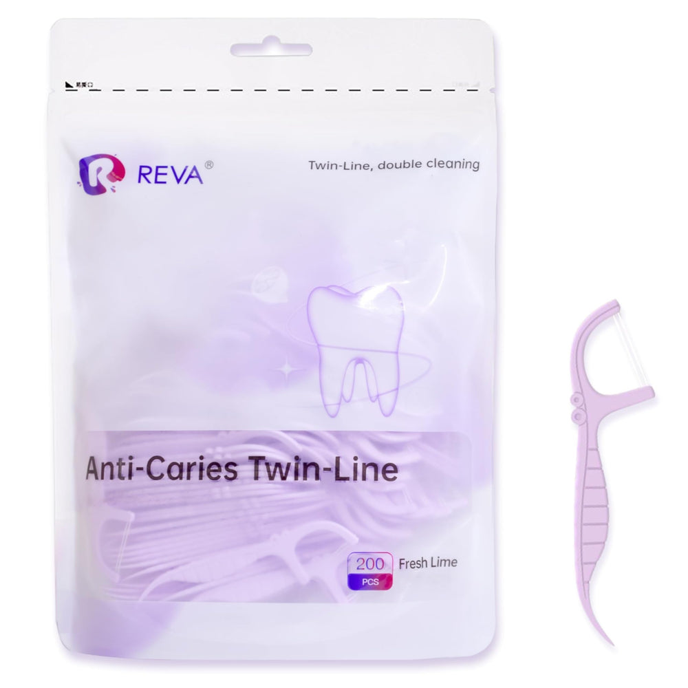 Package of R REVA Anti-Caries Twin-Line floss picks with fresh lime flavour
