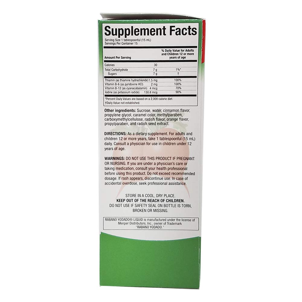 Back label view of Rabano Yodado El Salvador dietary supplement bottle