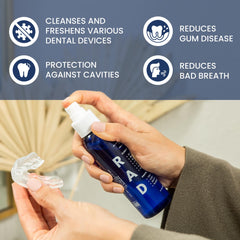 Applying RAD FRESH spray to an oral device