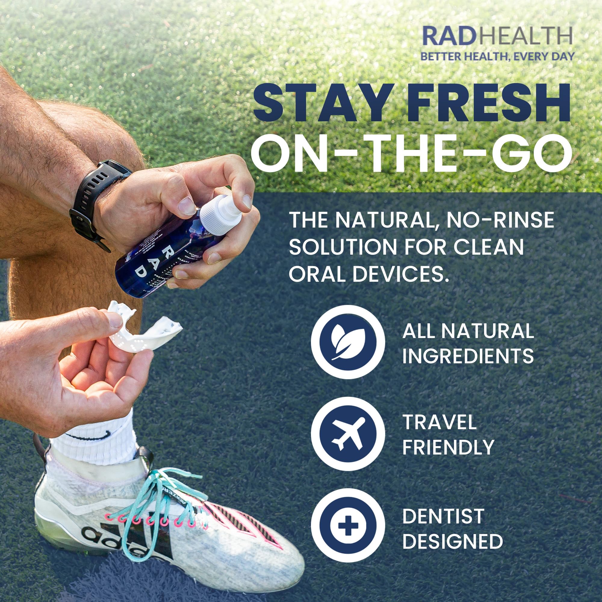 Mouth guard being cleaned with no-rinse formula