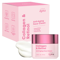 Radiant Aura collagen-retinol face cream bottle showing daily hydration and anti-aging care.