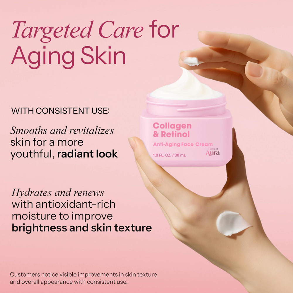 Radiant Aura ingredients: hyaluronic acid, vegan collagen, and shea butter for moisture.