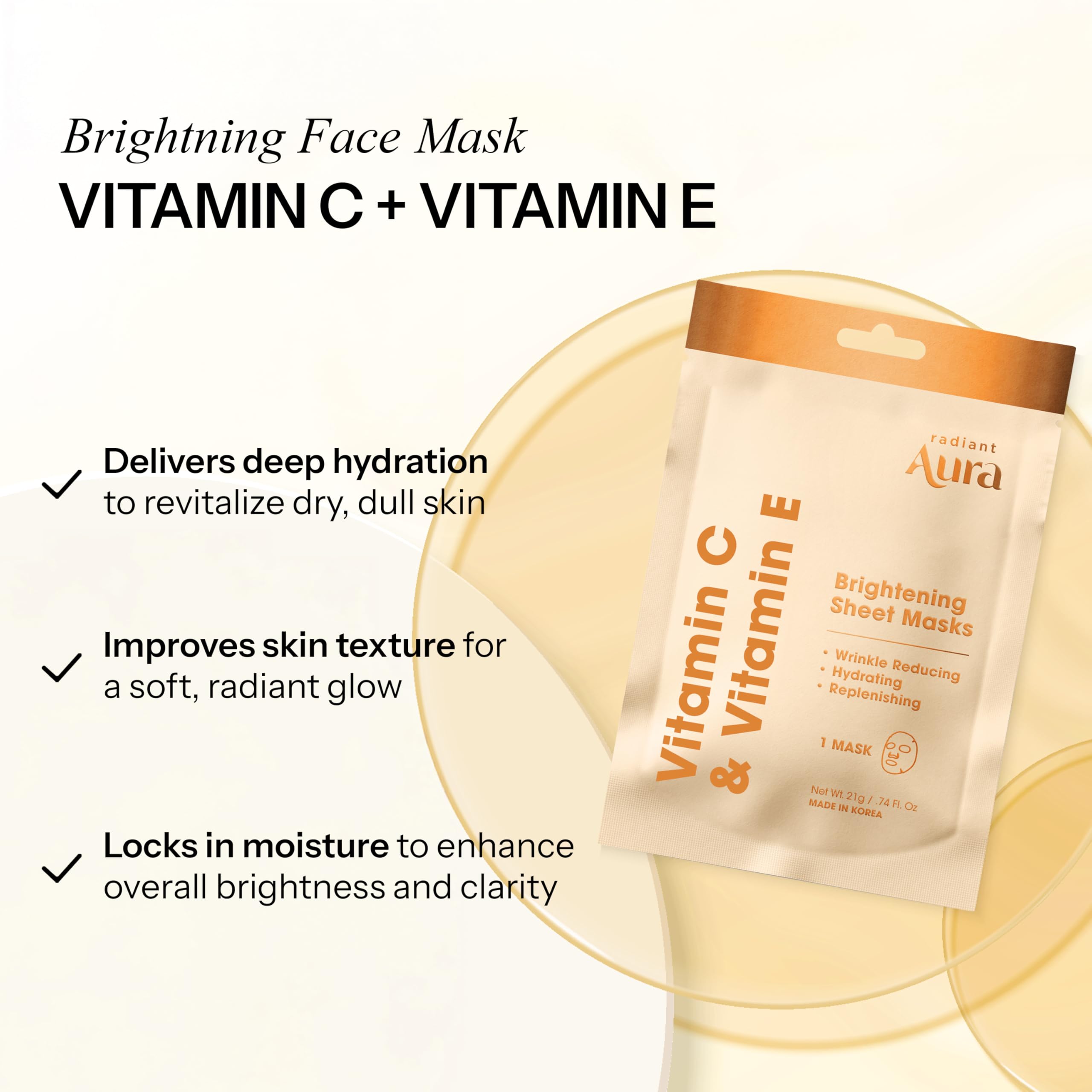 Radiant Aura essence droplets highlight silky hydration in the sheet mask.