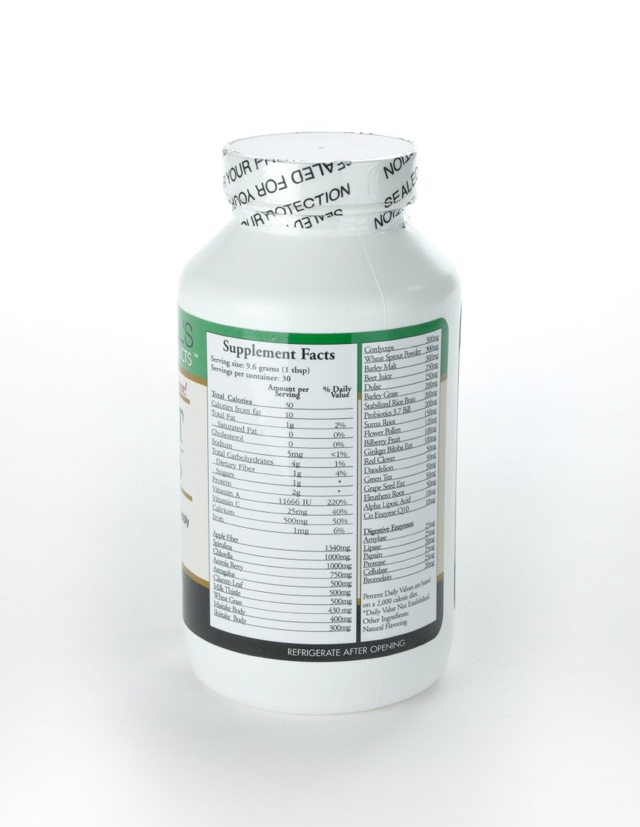 Close-up of Radiant Greens Natural ingredient blend (greens, grasses, vegetables, and herbs)