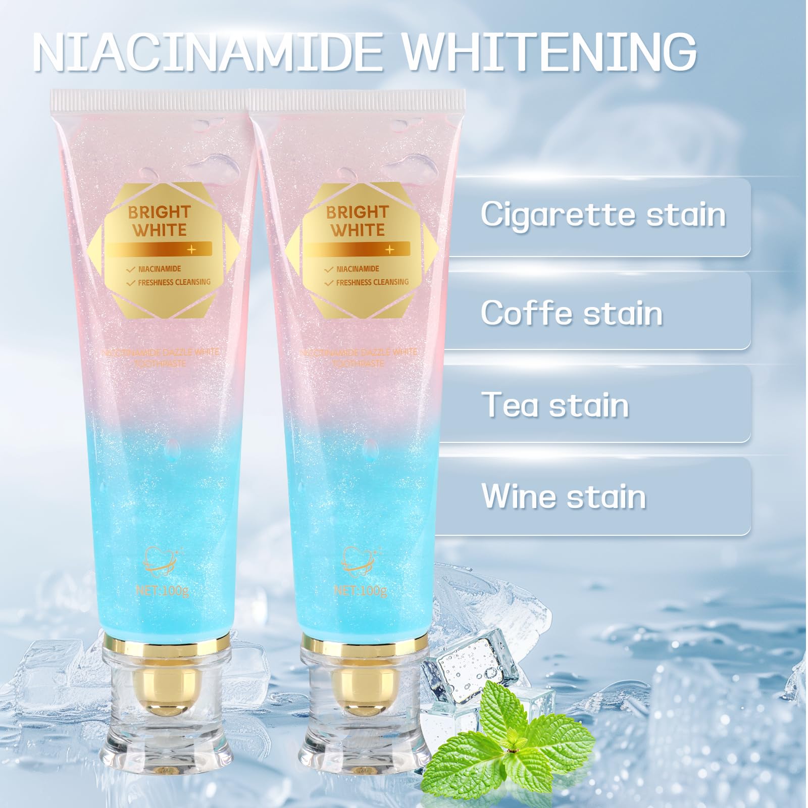 Tube of Radiant Whitening Toothpaste with Niacinamide on a white surface