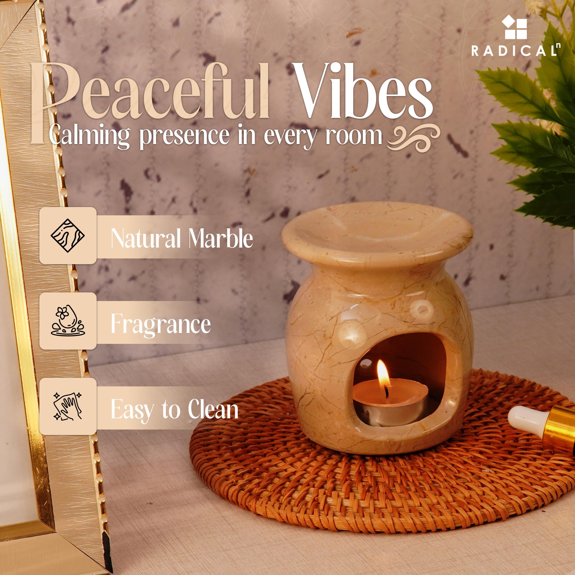 Radicaln Marble Oil Burner lit diffuser demonstrates warm glow during candle-free aromatherapy sessions.