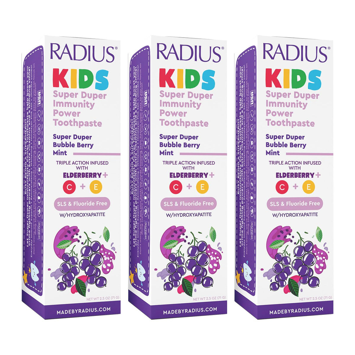 RADIUS Kids Immunity Toothpaste 3-pack front view with Berry Mint flavor