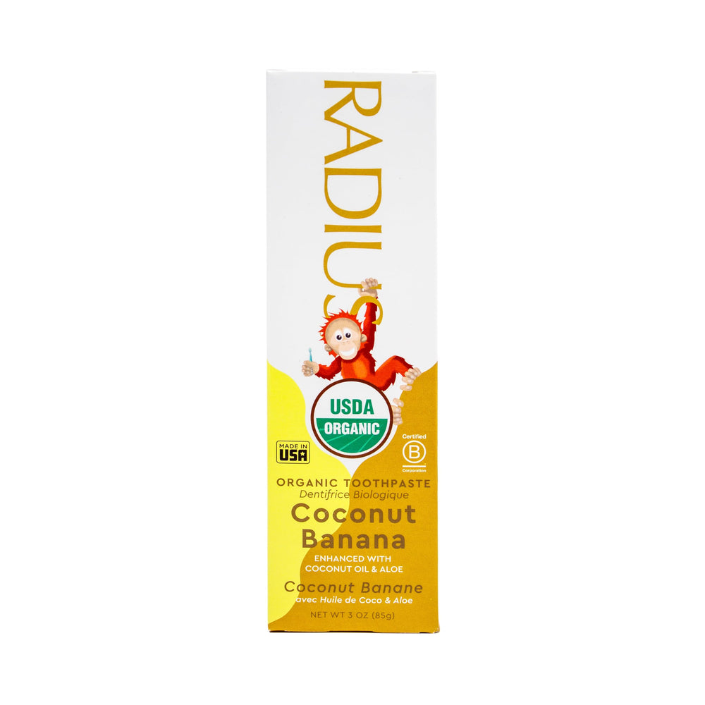 Radius USDA Kids Organic Toothpaste Coconut Banana 3 oz front packaging