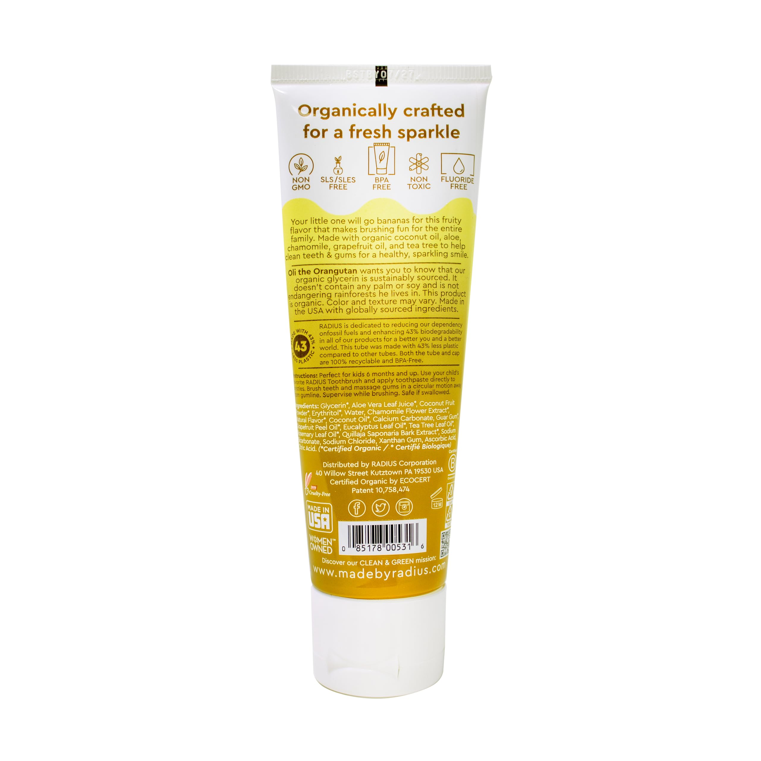 Ingredients panel for Radius Organic Kids Toothpaste Coconut Banana