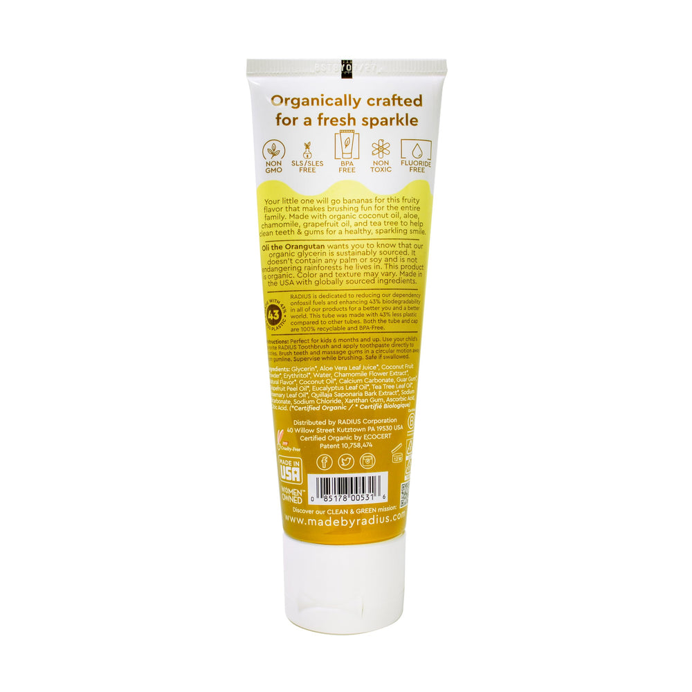 Ingredients panel for Radius Organic Kids Toothpaste Coconut Banana