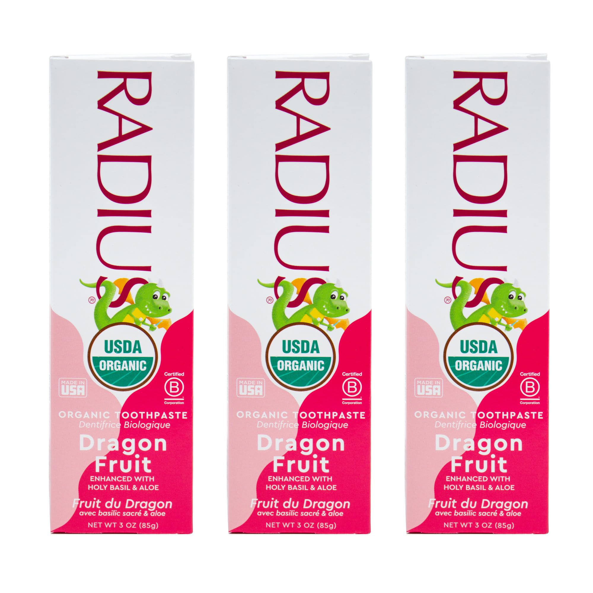 Front view of RADIUS USDA Organic Kids Toothpaste Dragon Fruit 3oz Pack of 3