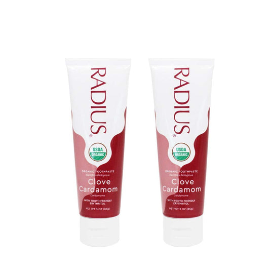 Back view of packaging for RADIUS toothpaste