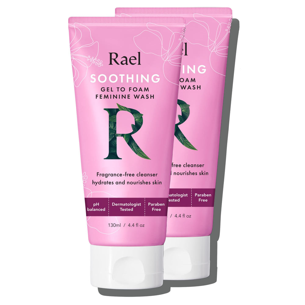 Rael feminine wash bottle pour demonstrates a gentle cleanse for sensitive skin.