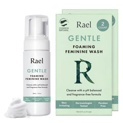 Rael Feminine Wash foaming pump shows gentle daily cleansing.