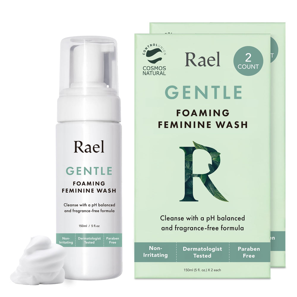 Rael Feminine Wash foaming pump shows gentle daily cleansing.