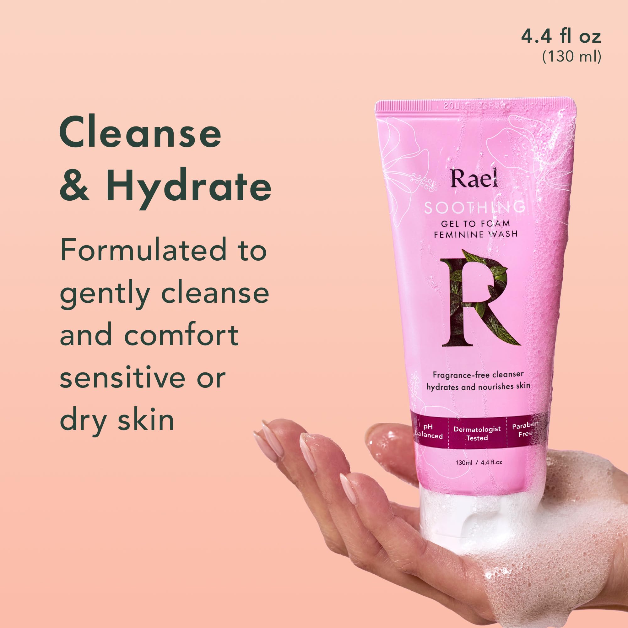 Rael hibiscus-extract image highlights calming botanicals for delicate skin care.