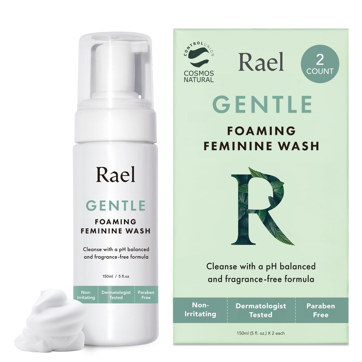 Rael feminine wash pack shot shows a two-pack for daily intimate care.