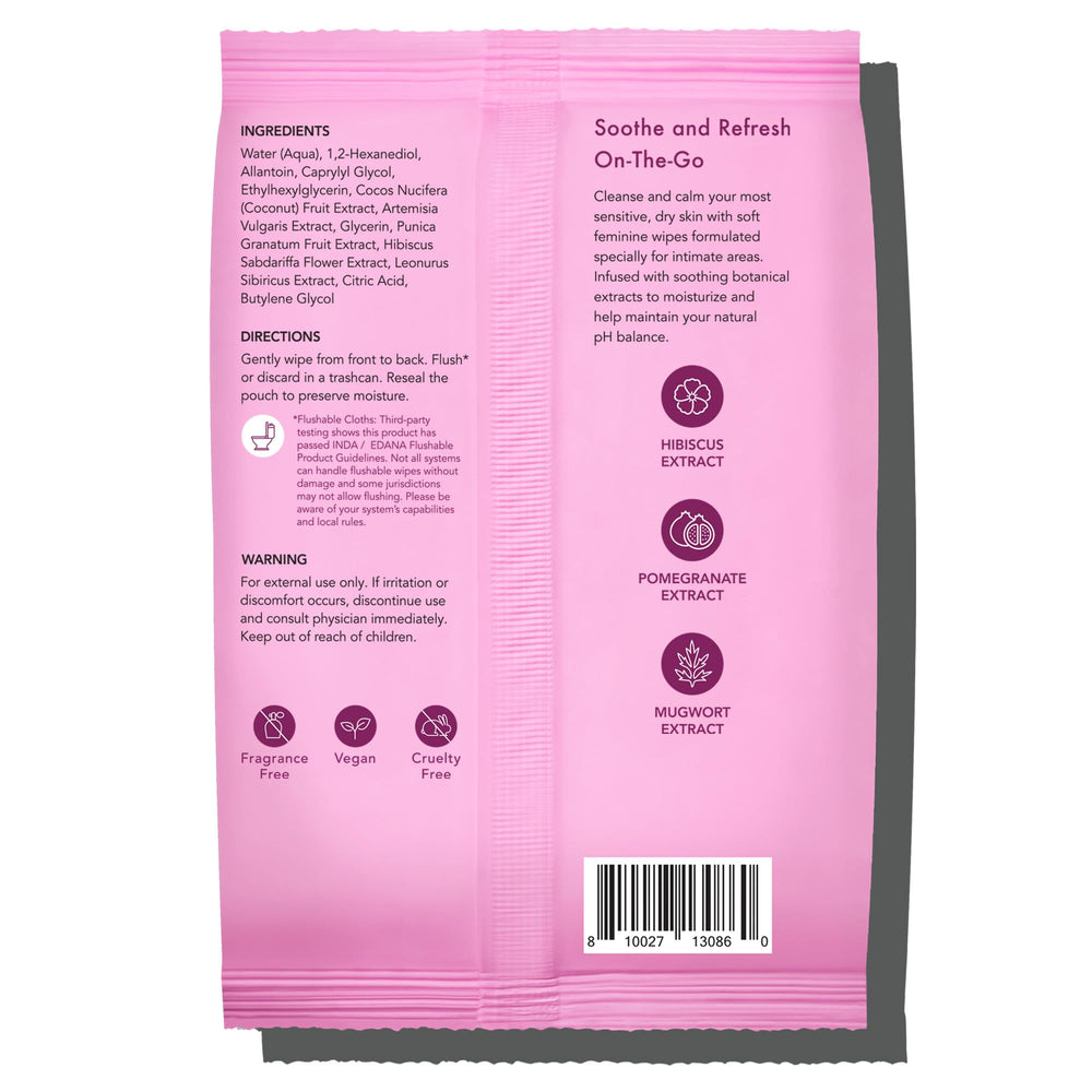 Rael feminine wipes pack front view showing soft, moisture-rich formula for sensitive skin.