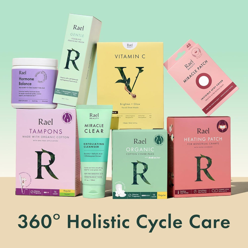Rael feminine wipes pack-in-purse image emphasizes compact travel freshness.