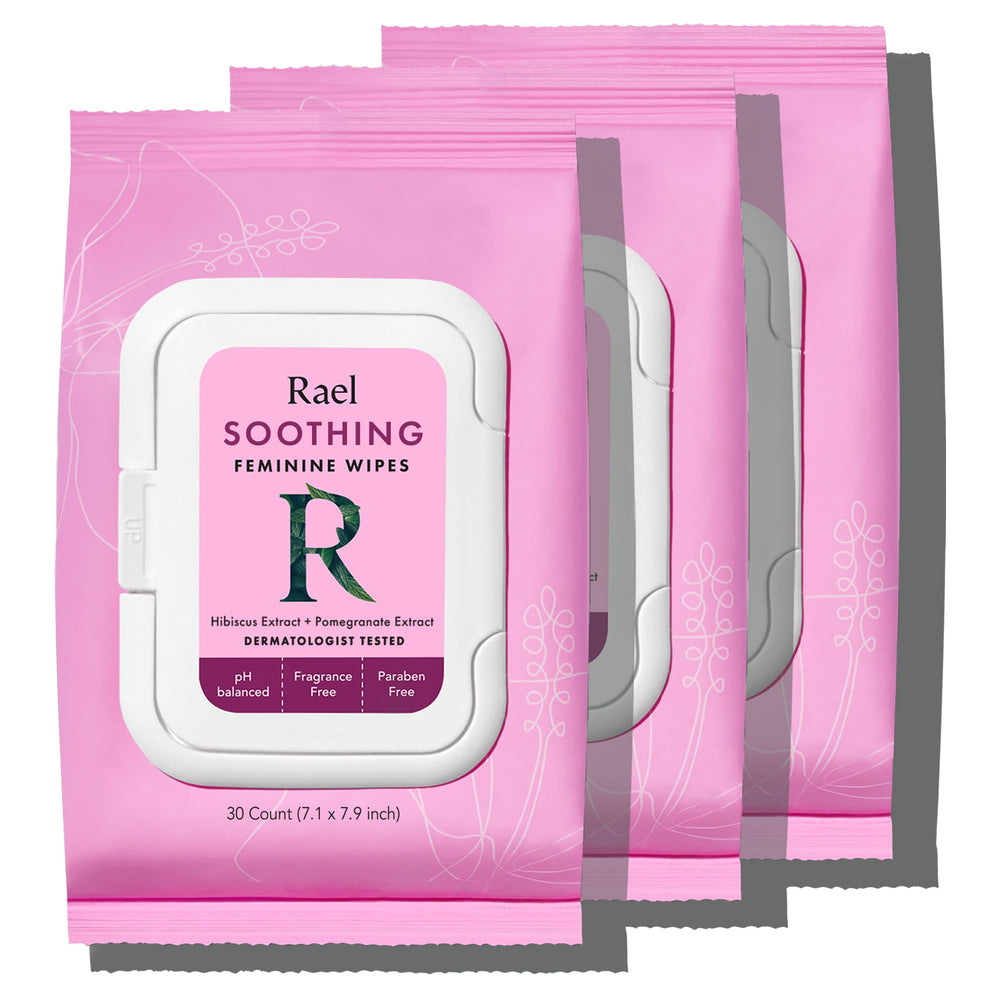 Rael feminine wipes pack of 3 viewed front, ready for daily cleansing and travel.