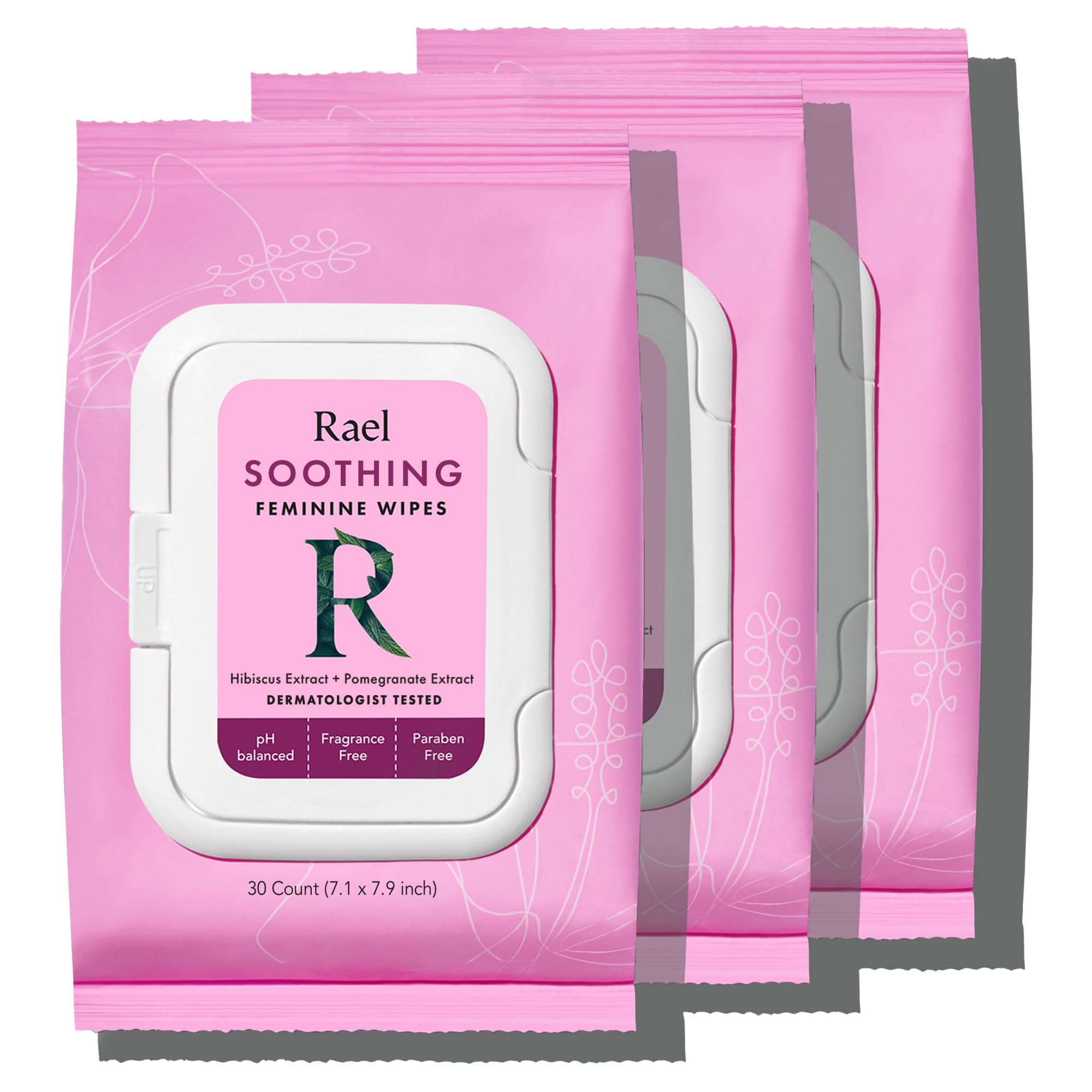 Rael feminine wipes pack of 3 viewed front, ready for daily cleansing and travel.
