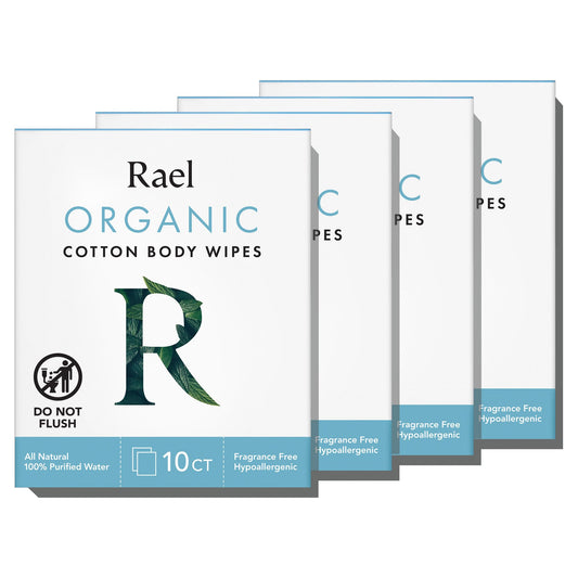 Rael Organic Cotton Wipes body cloth 10-count pack offers portable, hygienic cleansing.
