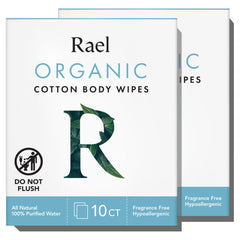 Rael Organic Cotton Wipes outer packaging in a two-pack box for easy storage and travel.