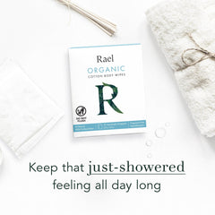 Rael Organic Cotton Wipes suitable for all skin types for gentle cleansing on skin.