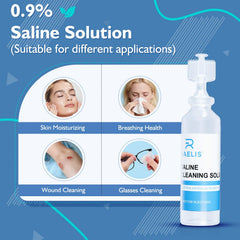 Row of RAELIS 5ml saline bottles inside packaging