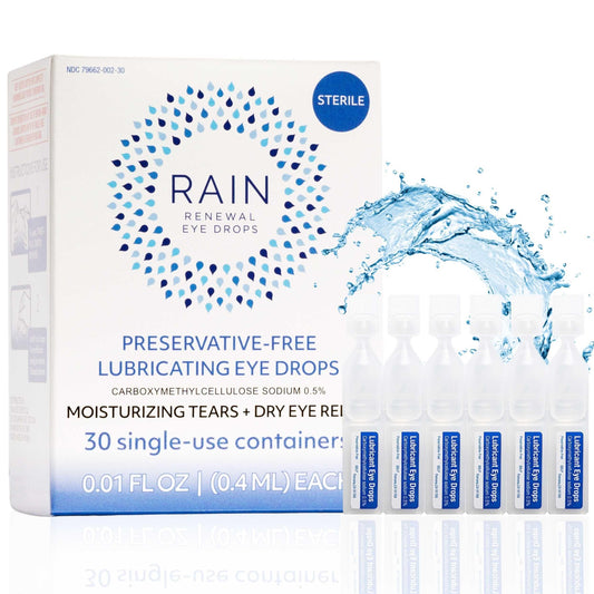 Rain eye drops bottle closeup demonstrates preservative-free formula for sensitive eyes.