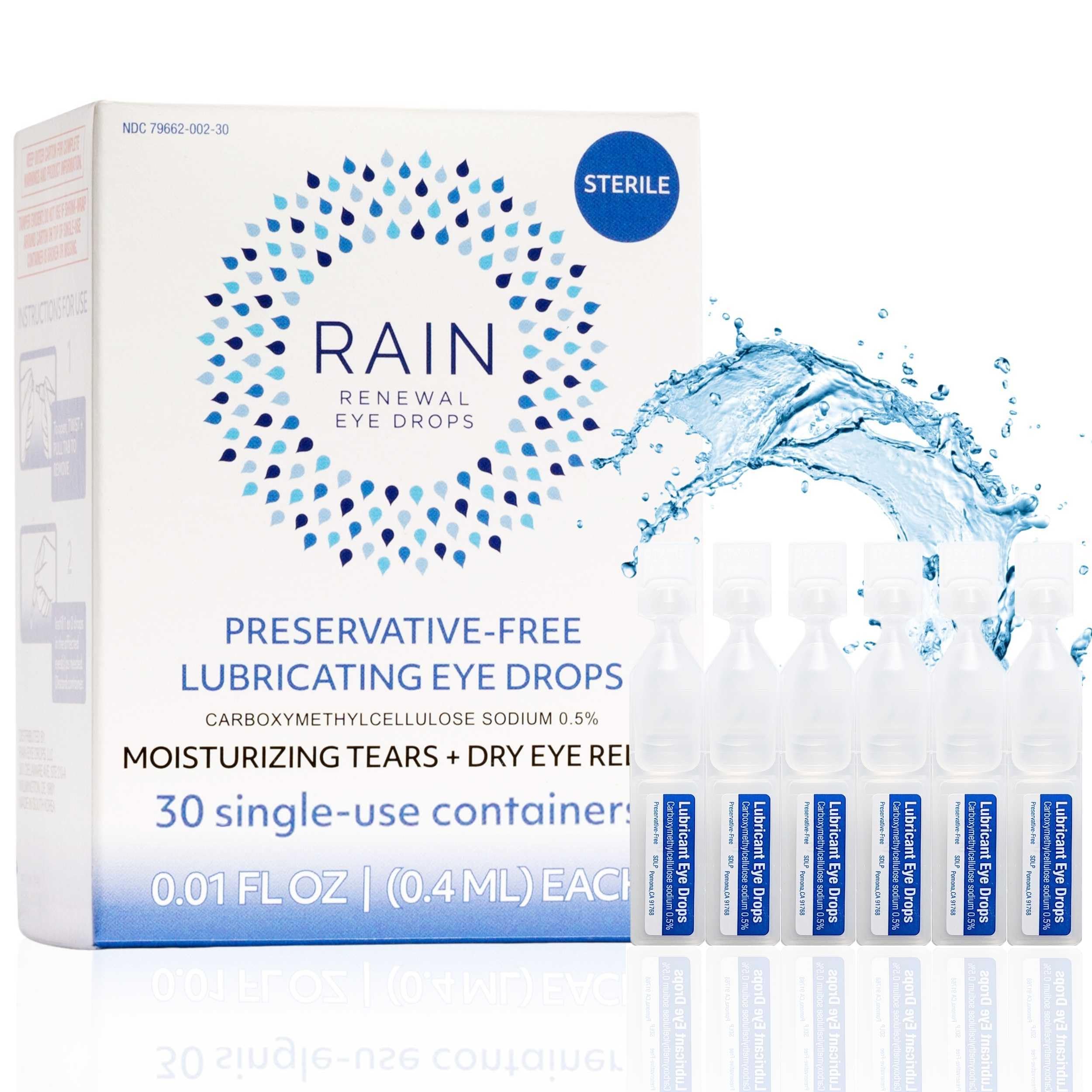 Rain eye drops bottle closeup demonstrates preservative-free formula for sensitive eyes.