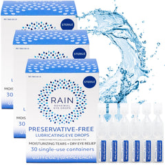 Rain eye drops bottle with dropper for gentle application and relief.