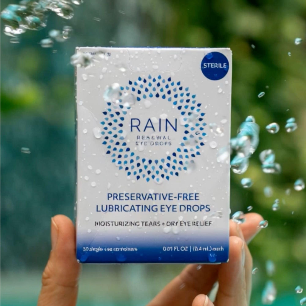 Rain eye drops pack illustration for on-the-go eye care and quick resets.