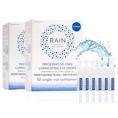 Rain preservative-free eye drops bottle shows gentle hydration for sensitive eyes.