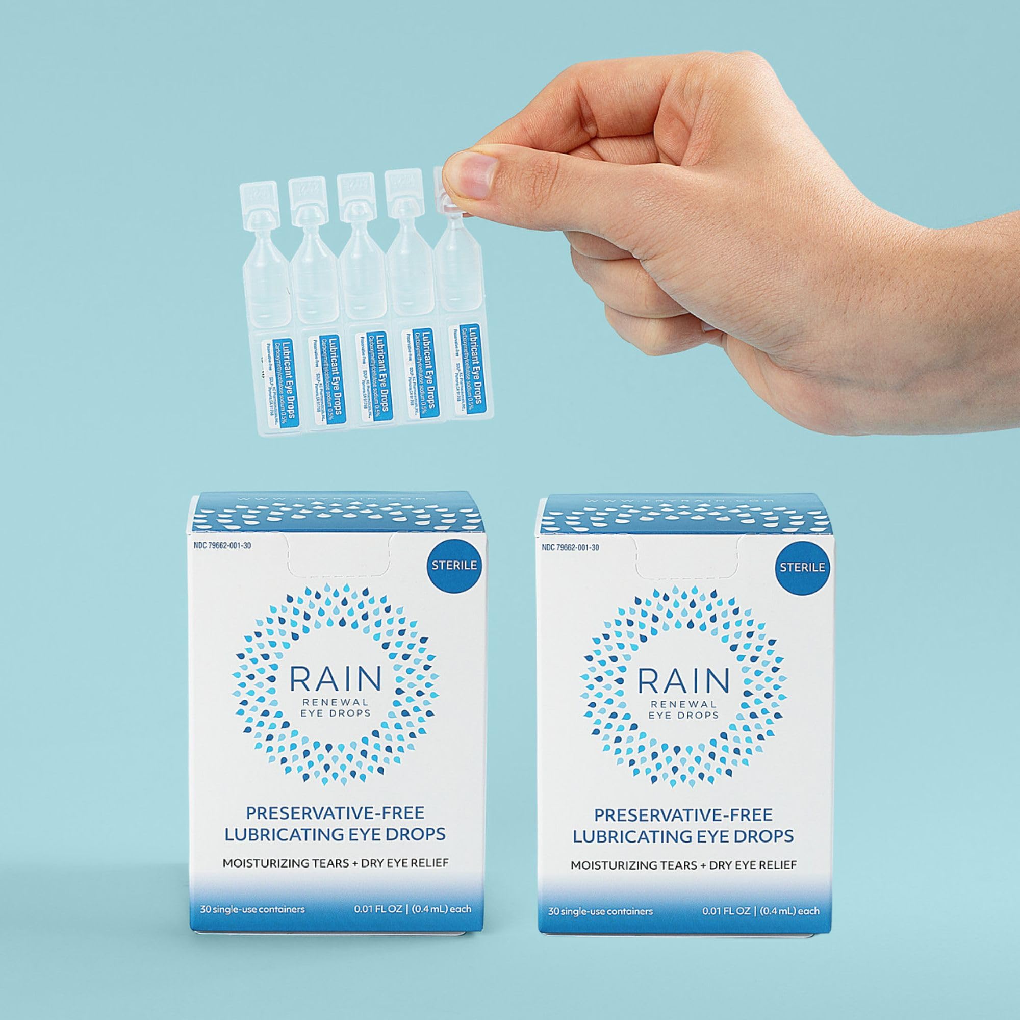 Rain preservative-free eye drops pack of 2 highlights lasting moisture throughout the day.