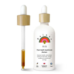 Rainbo 11:11 mushroom tincture bottle on white background