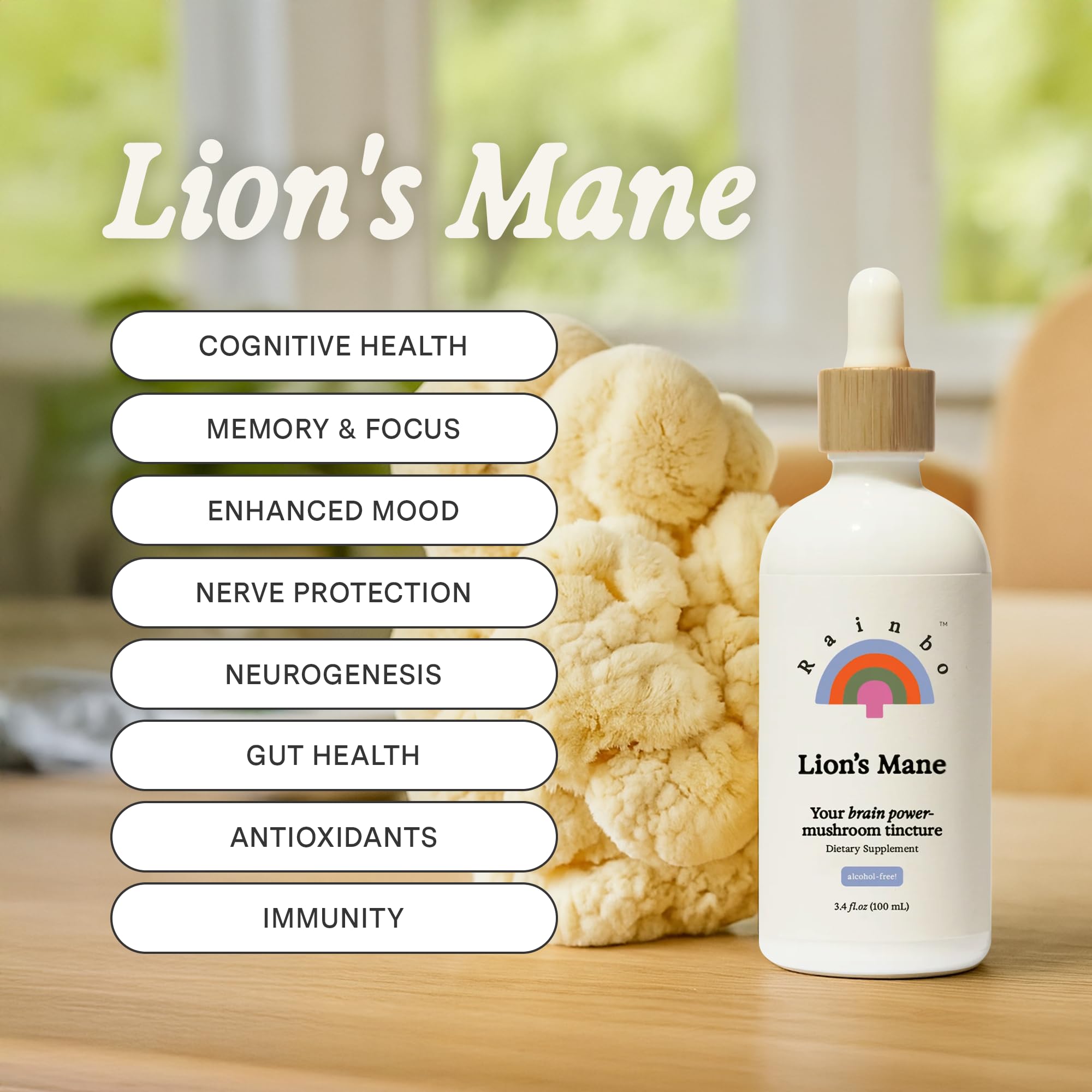 Rainbo Lion's Mane tincture bottle – side profile