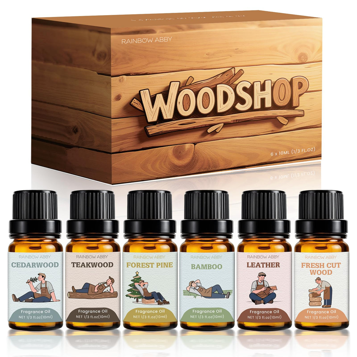 RAINBOW ABBY Woody Fragrance Oils Set – Forest Pine, Fresh Cut Wood, Leather, Teakwood, Bamboo, Cedarwood
