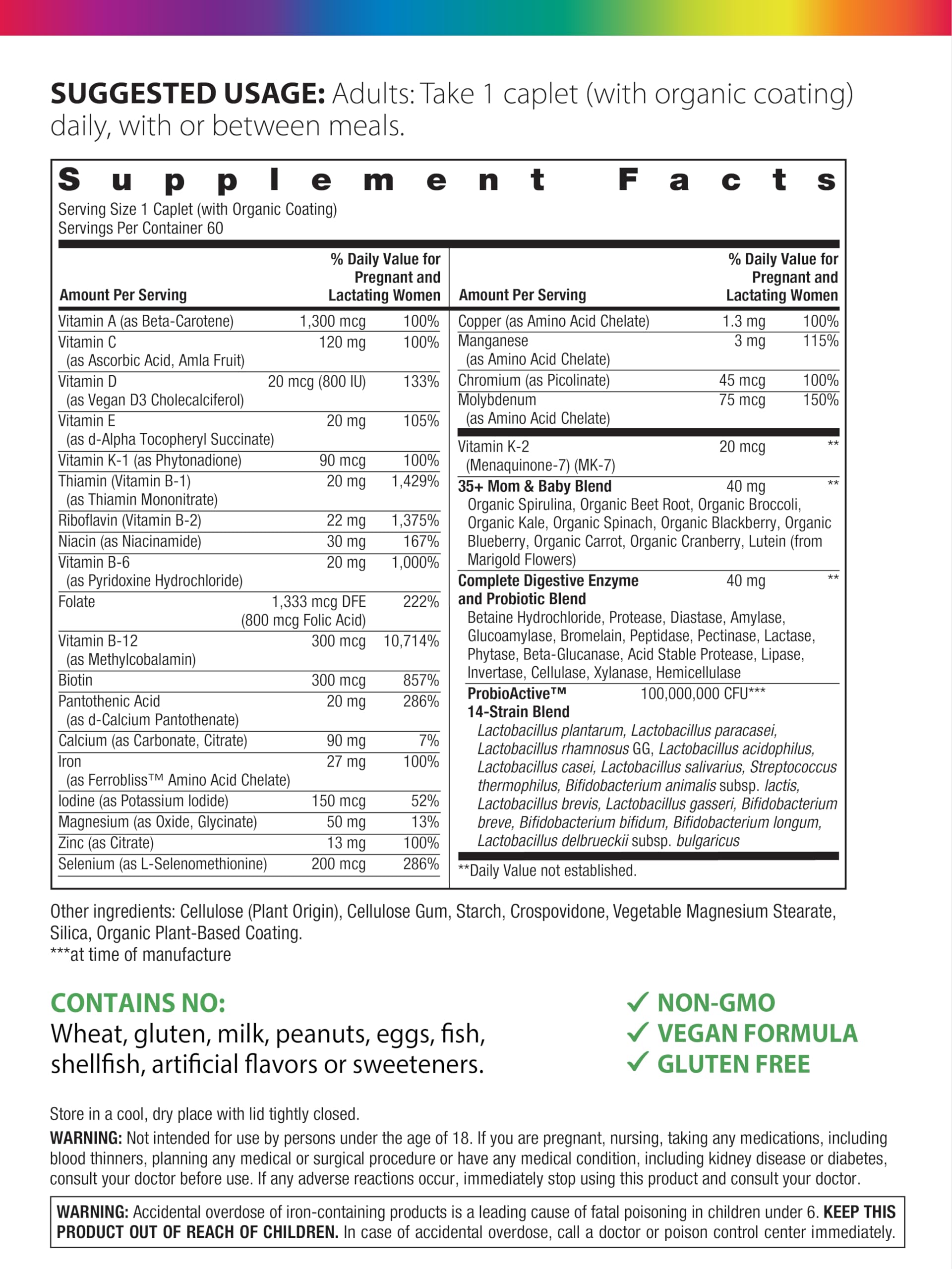 Front view of Rainbow Light 35+ Mom and Baby Multivitamin bottle