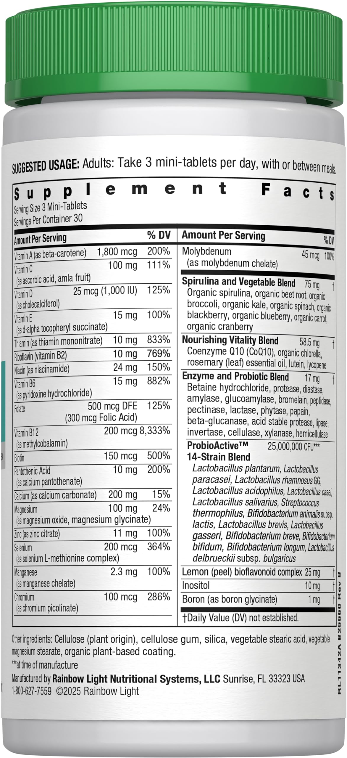 Serving suggestion showing three mini-tablets for Rainbow Light 50+ Multivitamin