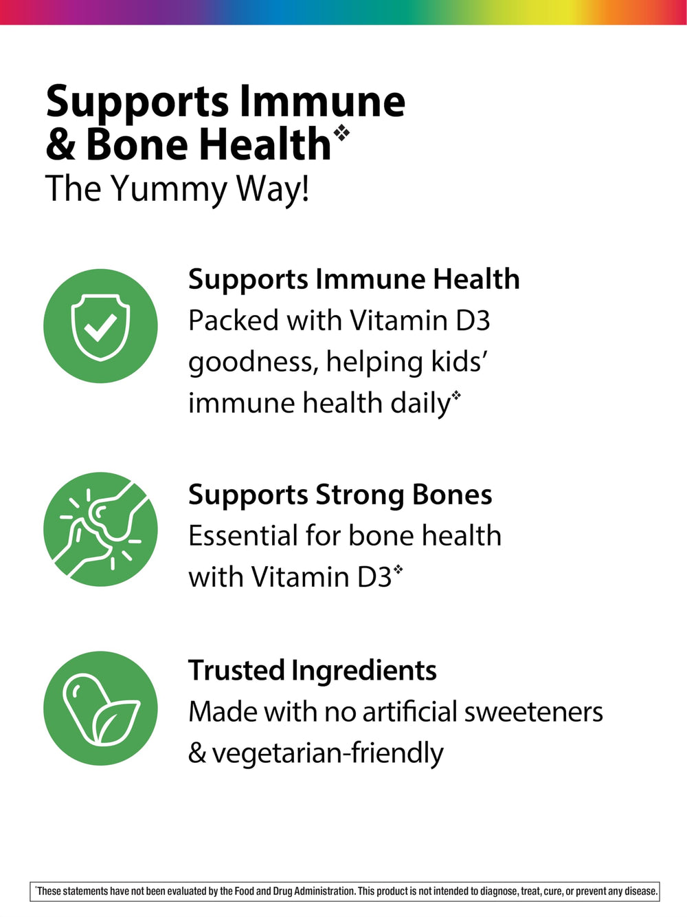 Graphic of ingredients and nutrition for Rainbow Light Sunny Gummies