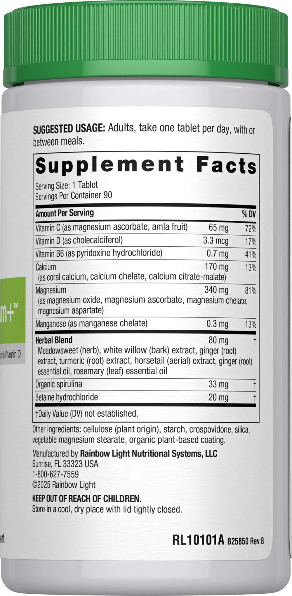 Ingredients of Rainbow Light Magnesium Calcium Plus: spirulina, horsetail, and ginger