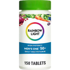 Rainbow Light Men's One 50+ bottle front shows high potency vitamins for daily immune support.