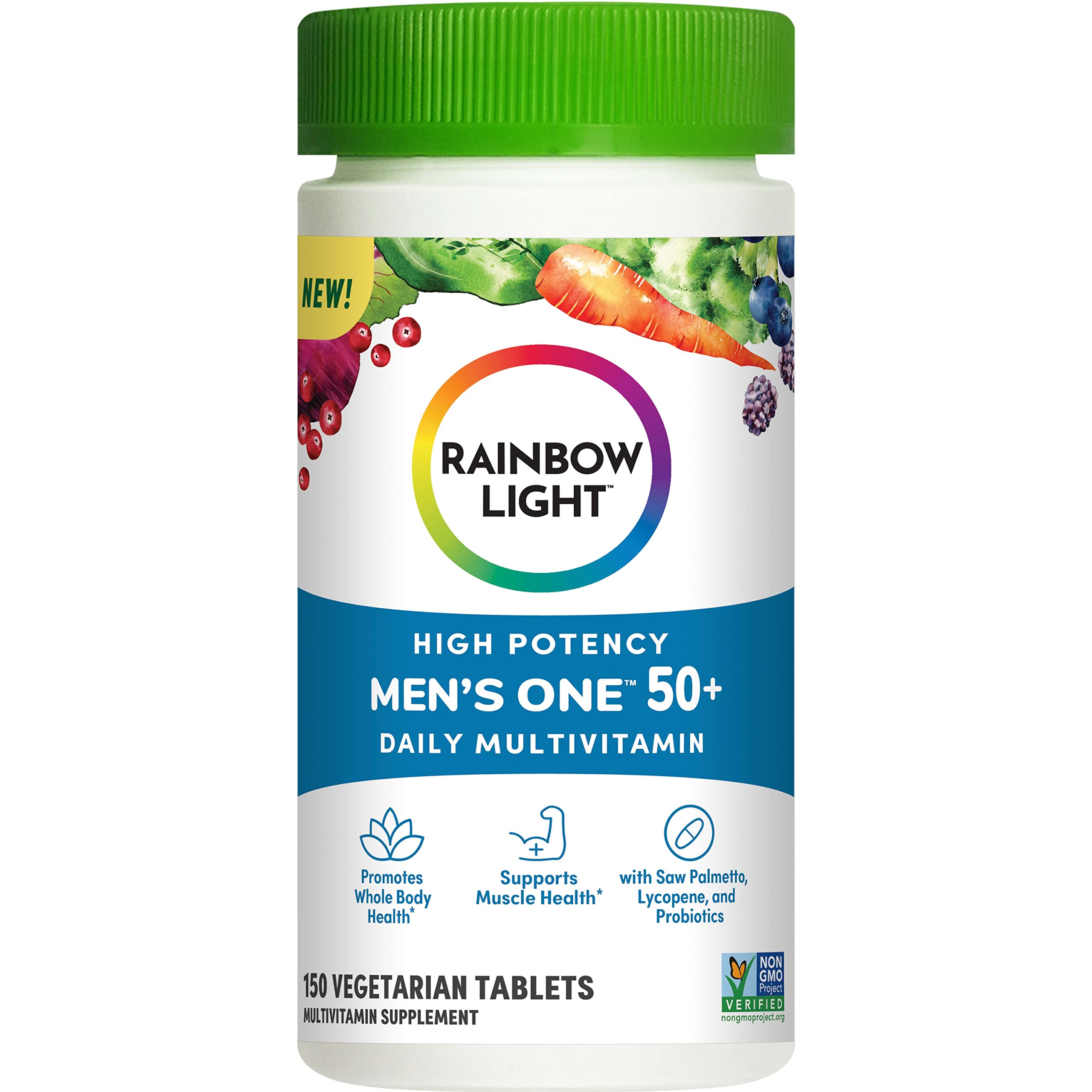Rainbow Light Men's One 50+ certifications badge on packaging for trust.