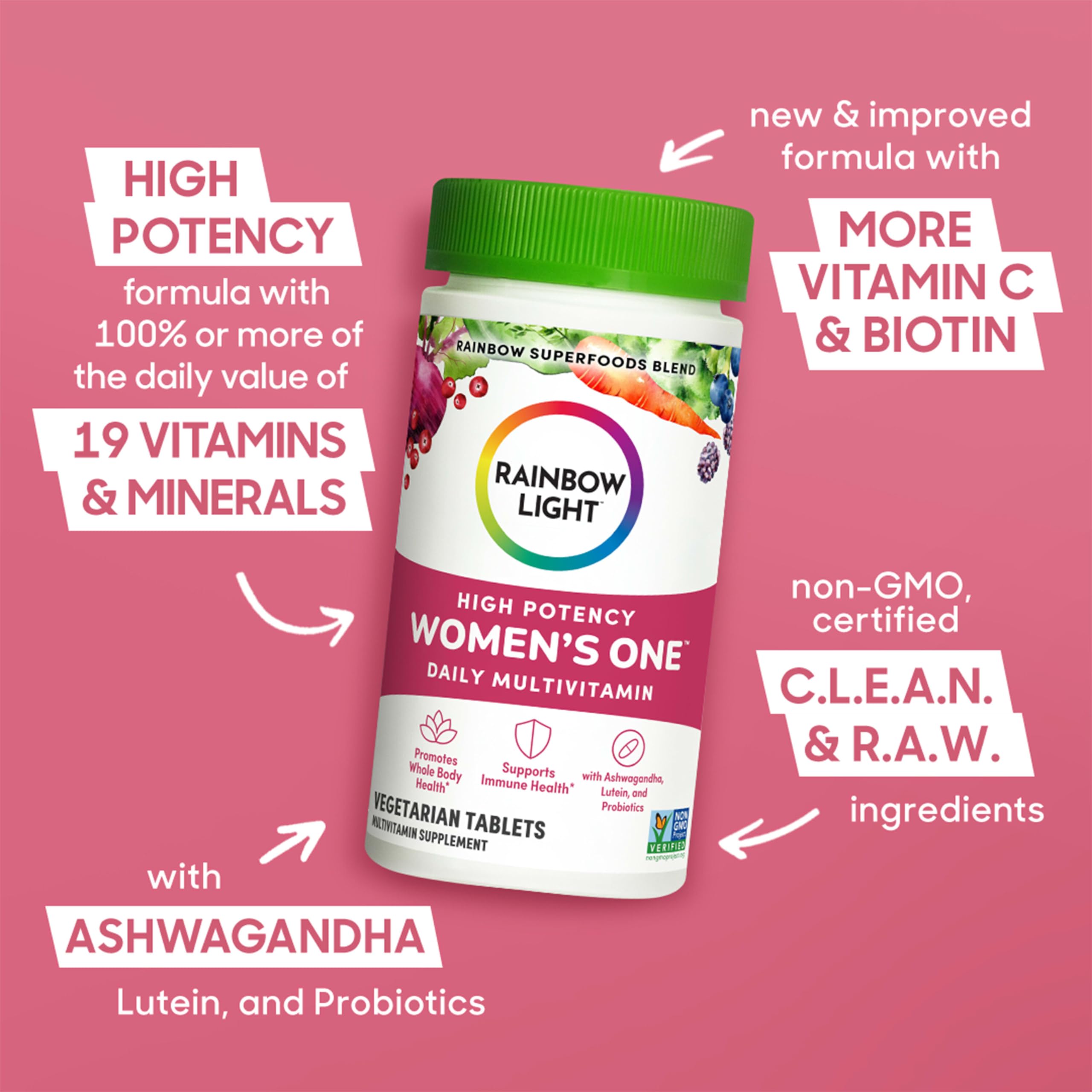 Rainbow Light Multivitamin Womens One Powder packaging on white background