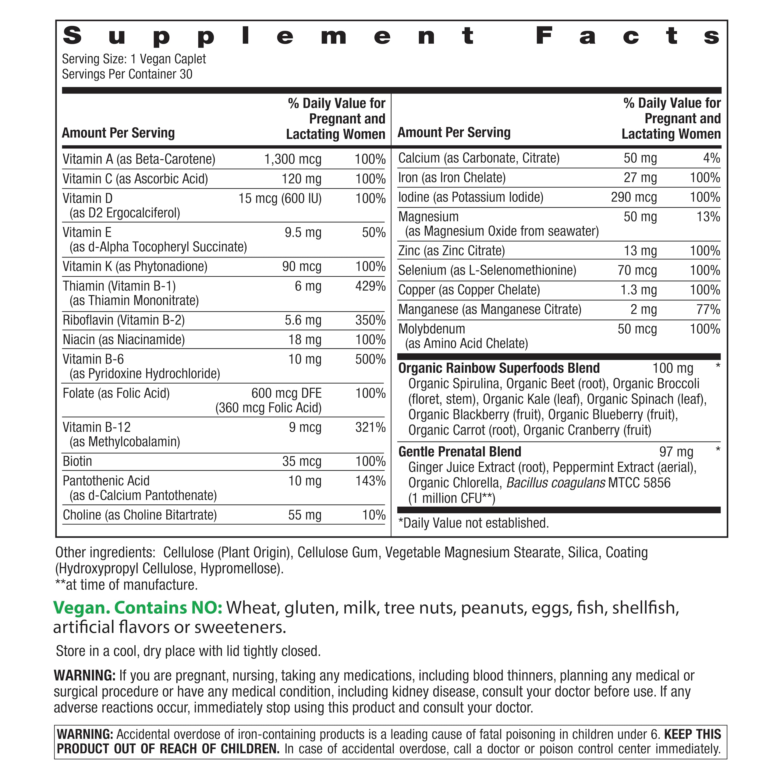 Back view of Rainbow Light Prenatal One+ bottle showing supplement facts